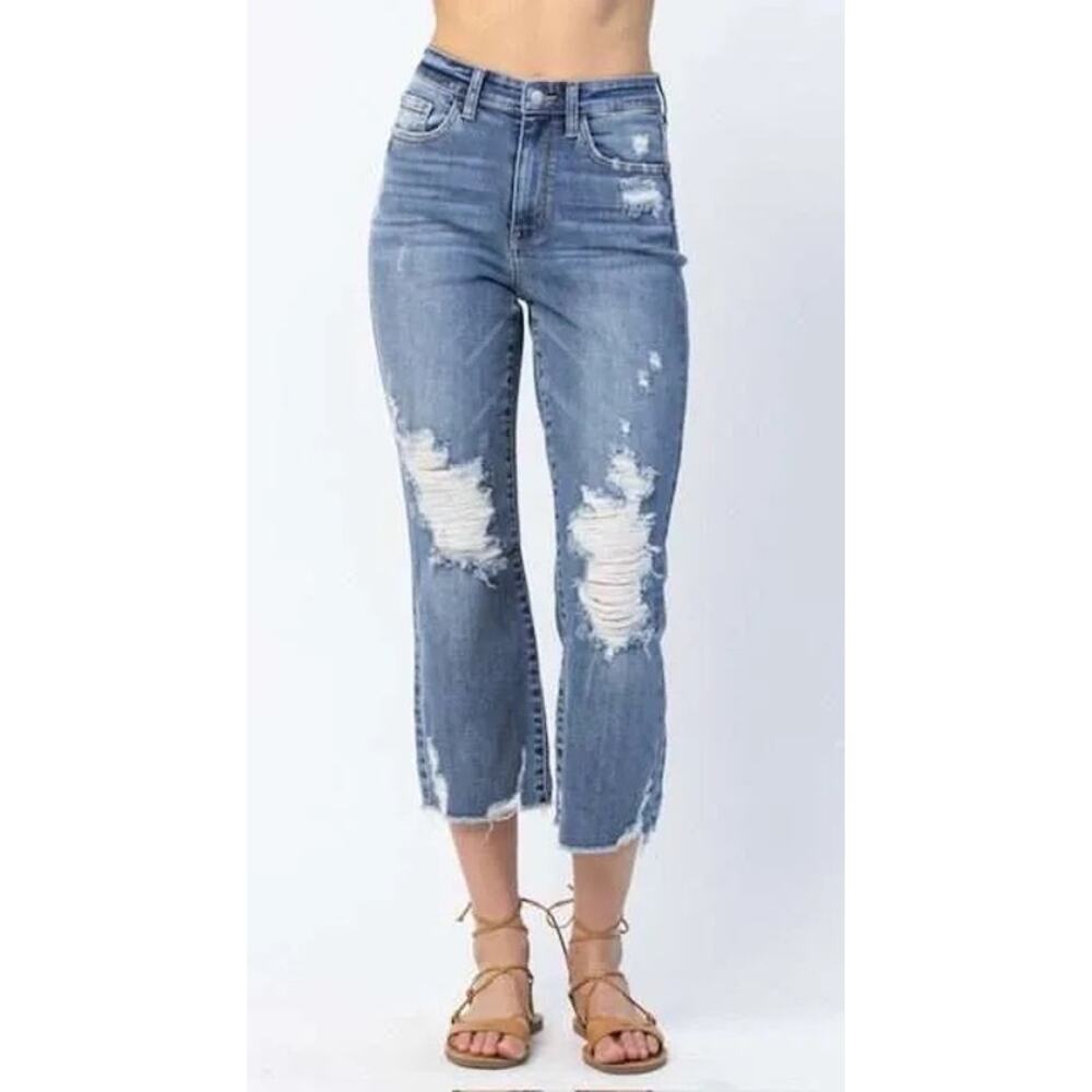 Judy Blue Distressed Straight Leg Blue Jeans Sz 5/27 Raw Hem Medium Wash *82434